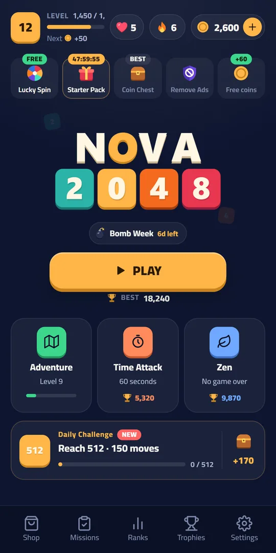 Home screen with level, rewards and game modes